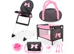 Puppenmöbel BAYER Puppen-Reisebett, pink (herzen schwarz), Puppenmöbel, KinderB:20cm H:30cm T:45,5cm, Kunststoff, Stoff, Puppenmöbel, mit Hochstuhl, Spielbogen und Zubehör für die Puppenpflege, B:20cm H:30cm T:45,5cm