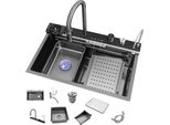 Lavello Da Cucina - Vasca Singola - Acciaio Inox 304 - 80 X 46 Cm - Montaggio A Incasso - Cascata - Rubinetto Con Display Digitale - Bianco