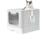 Lettiera Per Gatti - Ingresso Frontale E Uscita Superiore - Cassetto - Pieghevole - Coperchio (Semichiuso) - Paletta Inclusa - Extra Large - Grigio