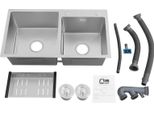 Lavello Da Cucina In Acciaio Inox - Doppia Vasca - Senza Rubinetteria - 1 Foro - Superficie Spazzolata - Argento