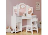 Tavolo Da Trucco/Toeletta Per Bambini - Tavolo Da Trucco Da Principessa Con Sedia - Legno - Specchio - Due Cassetti - Dimensioni 113×30×108 Cm - Bianco