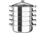 Vaporiera - Pentola A Bagnomaria - Acciaio Inossidabile - 30 Cm - Coperchio In Vetro Infrangibile - Manico Ergonomico - 5 Ripiani - Kaki Scuro