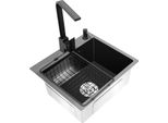 Lavello Da Cucina - Vasca Singola - Con Rubinetto - Gocciolatoio - Acciaio Inox 201 - Dispenser Sapone 150 Ml - 2 Fori - Nero