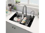 Lavello Da Cucina - Doppia Vasca - Acciaio Inox 304 - Con Rubinetteria - Due Fori - Rettangolare 75×46 Cm - Nero