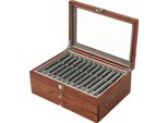 Scatola Espositiva Per Penne - Scatola Portaoggetti - 34 Scomparti - Coperchio In Acrilico - Mdf E Flanella - Dimensioni 31×20×12,5 Cm - Effetto Palissandro Marrone, Rivestimento Grigio Chiaro