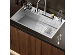 Lavello Da Cucina - Waterfall E9 80×45 Cm - Acciaio Inox - Con Rubinetteria - Vasca Singola - Montaggio A Incasso - 2 Fori - Spazzolato - Giallo