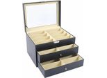 Portaocchiali Da Sole E Gioielli - Scatola Espositiva E Portaoggetti - Finto Cuoio E Mdf - Coperchio In Vetro - 34×25×22,3 Cm - Per Occhiali, Anelli, Collane - Nero