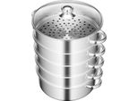 Pentola A Vapore - Cuocivapore Steamer - 5 Ripiani - Acciaio Inossidabile - 28 Cm - Coperchio In Vetro - 15 Kg Per Ripiano - Impilabile - Grigio Chiaro