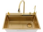 Set Lavello Da Cucina - Vasca Singola - Acciaio Inossidabile 304 - Funzione Cascata - Con Rubinetteria - Due Fori - Oro