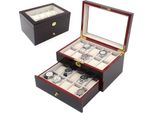 Scatola Portagioie E Orologi - Scatola Espositiva In Legno - 2 Livelli - 20 Scomparti - Coperchio In Vetro - Serratura - 21 X 29 X 16 Cm