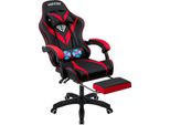 Sedia Da Gaming - Sedia Da Ufficio Ergonomica - Fino A 180 Kg - Supporto Lombare Massaggiante - Funzione Reclinabile - Poggiapiedi - Braccioli Regolabili - Pelle Finta - Rosso-Nero