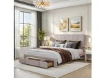 Letto Imbottito 140 X 200 Cm Con Rete A Doghe E Ampio Cassetto, Tessuto Di Flanella Delicato Sulla Pelle, Beige, Letto Matrimoniale, Letto Per Ragazzi (Senza Materasso)