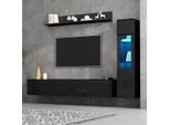 Set Mobile Tv A 3 Pezzi Nero Lucido Con Led E Controllo Tramite App, Mobile Multimediale Per Tv Fino A 80 Pollici, Incl. Mobile Tv, Vetrina E Mensola A Muro