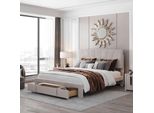 Letto Matrimoniale Imbottito 140 X 200 Cm Con Ampio Cassetto, Rete A Doghe, In Velluto, Beige