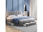 Letto Imbottito In Velluto 160X200 Cm Con 4 Cassetti E Rete A Doghe, Grigio, Testiera Regolabile In Altezza, Telaio Letto Con Vano Contenitore (Senza Materasso)