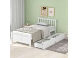 Letto In Legno 90X200 Cm Con Rete A Doghe E 2 Cassetti, Pino Massello, Letto Singolo Per Ragazzi Bianco, Struttura Letto Con Contenitore E Rotelle (Senza Materasso)