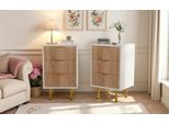 Unboxg Set Di 2 Comodini Con 3 Cassetti 40×40×65 Cm – Comodini Bianchi/Legno Naturale Con Maniglie E Piedini In Metallo Dorato, Moderne Cassettiere