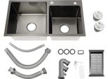 Lavello Da Cucina, Doppia Vasca, Dispenser Di Sapone Integrato, Nero Grigio