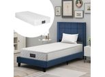 Flieks Letto Imbottito Con Materasso, Letto Singolo In Legno 90X200 Cm Con Rete A Doghe E Testata, Letto Per Ragazzi 90X200 Cm Con Materasso, Rivestimento In Lino, Blu