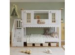 Letto A Castello Flieks 90X200Cm Con Protezione Anticaduta, Letto Per Bambini Casa Letto Con Finestra, Letto A Soppalco Con Rete A Doghe E Scale Portaoggetti, Letto A Castello Bianco