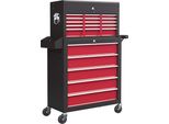 Homcom Carrello Da Officina Con Rotelle, Carrello Portautensili Con 14 Cassetti, Chiudibile A Chiave Carrello Di Montaggio Con Pannello Laterale Perforato, Tappetini In Eva, Carrello Mobile, Rosso