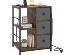 Costway Mobile Archivio Con Ripiano E Stazione Di Ricarica, Armadio Contenitore Con Cassetti In Tessuto E Tasche Laterali, Tavolino A 3 Livelli, Marrone, 46X40X63 Cm