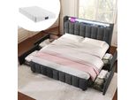 Letto Imbottito Con Testata Usb E Led E 4 Cassetti, Letto Matrimoniale 140X200Cm Struttura Letto Contenitore, Grigio Con Materasso
