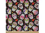 Abakuhaus Tessuto Satinato Con Teschi Di Zucchero Venduto Al Metro, Motivo Festivo Con Figure Rituali Del Cimitero Messicano Stampato Su Sfondo Nero, 2 M (148 X 200 Cm), Multicolore
