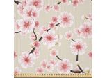 Abakuhaus Tessuto Satinato Asiatico Venduto Al Metro, Fiori Di Ciliegio Giapponesi Simbolo Dell'arrivo Della Primavera, Ispirazione Orientale, 10 M (148 X 1000 Cm), Beige