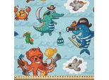 Abakuhaus Tessuto Satinato Pirates Al Metro, Con Motivi Pirateschi Di Coccodrilli, Polpi, Squali, Granchi, Gabbiani, Pappagalli, Bottiglie Di Rum E Caricature, 5 M (148 X 500 Cm), Multicolore