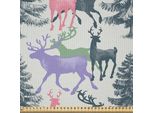 Abakuhaus Tessuto In Raso Con Cervo Venduto Al Metro, Pini Con Animali Corna Stagione Invernale Dicembre Natale Illustrazione A Tema, 1 M (148 X 100 Cm), Multicolore
