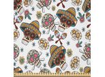 Abakuhaus Dia De Los Muertos Tessuto In Raso Al Metro, Motivo Etnico Messicano Con Teschi Di Zucchero, Fiori E Maracas, 1 M (148 X 100 Cm), Bianco E Multicolore