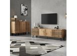 Set Di Mobili Da Soggiorno Merax, Mobile Tv 180 Cm E Credenza 150 Cm, Effetto Legno, Lavagna Con 8 Scomparti, Cassettiera Con 6 Ripiani E Ante, Colore Naturale