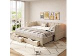 Letto Imbottito Flieks 90X190 Cm Con Letto Estraibile, Divano Letto Daybed Con Usb E Type-C, Letto Per Ragazzi Daybed Con 2 Cassetti, Ciniglia, Beige