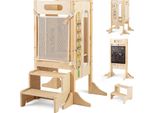 Costway Torre Didattica 4 In 1, Sgabello In Legno Con 2 Gradini, Lavagna E Rete Di Sicurezza, Torre Didattica, Sgabello Per Bambini Dai 3 Anni In Su, Naturale
