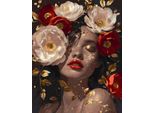Set Di Tela Nera Painting By Numbers Ragazza E Peonie Rosse In Oro 40X50