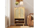 Merax Sideboard Comò Con 2 Ante In Rattan E 2 Scomparti Aperti, Mobile Contenitore, Credenza In Legno Per Soggiorno, Cucina O Ingresso, 60×40×121 Cm, Naturale