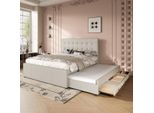 Letto Imbottito 140X200 Con Letto Estraibile E 3 Cassetti Beige | Testiera Regolabile | Letto Matrimoniale E Letto Per Ospiti | Effetto Lino Senza Materasso