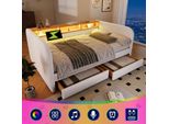Divano Letto Imbottito 140X190 Beige Chiaro Con Led E USB-C | Divano Letto Con 2 Cassetti E Testiera Con Vano Contenitore | Effetto Lino Senza Materasso