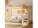 Letto A Castello Flieks 90X200 Cm Con Scaletta Contenitore, Lettino Singolo Con Led E Sponde Di Protezione, Letto A Soppalco In Legno Con Rete A Doghe, Finitura Naturale