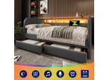 Divano Letto Imbottito 140X190 Grigio Con Led E USB-C | Divano Letto Con 2 Cassetti E Testiera Contenitore | Effetto Lino Senza Materasso