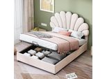 Letto Imbottito 140 X 200 Cm, Con Testata Floreale E Rete A Doghe, Con Testata Regolabile In Altezza E Contenitore Idraulico,Beige