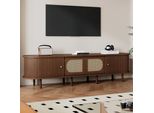 Mobile Tv Basso Merax Con Design In Rattan, Mobile Tv Con 2 Ante E 2 Ante A Persiana, Supporto Tv In Mdf, Fino A 80 Pollici, Noce