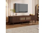 Mobile Tv Merax Con Design In Rattan, Supporto Tv Con 2 Ante A Persiana E 2 Cassetti, Mobile Tv Basso Con 5 Vani Chiusi, Noce