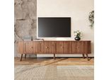 Mobile Tv Merax Con 4 Ante E Maniglie Dorate, Mobile Tv Basso Con Gambe In Legno, Mobile Tv Vintage Con Venature Verticali In Stile Retrò, Noce