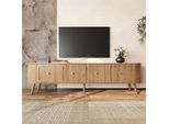 Mobile Tv Merax Con 4 Ante E Maniglie Dorate, Mobile Tv Basso Con Gambe In Legno, Mobile Tv Vintage Con Venature Verticali In Stile Retrò, Naturale