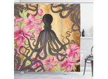 Abakuhaus Tenda Da Doccia Con Calamaro, Tentacoli, Foglie Di Rosa E Tema Marino Vintage, 175 X 220 Cm, Marrone Chiaro E Rosa