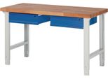 Banco Da Lavoro Serie Bk 650 L1500Xp700Xh790-1140Mm Faggio Massiccio Grigio Chiaro/Blu Genziana 2 Cassetti