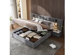 Letto Imbottito Flieks 140X200Cm Con Usb E Lampada Da Lettura, Letto A Molle Con Rete A Doghe, Letto Matrimoniale Con Contenitore, Letto Funzionale Con Contenitore, Velluto, Grigio