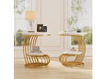 Tavolino Rotondo Golden Di Tribesigns: Tavolino A 2 Livelli In Marmo Artificiale Con Ripiano, Comodino Moderno In Oro Bianco, Con Struttura In Metallo
